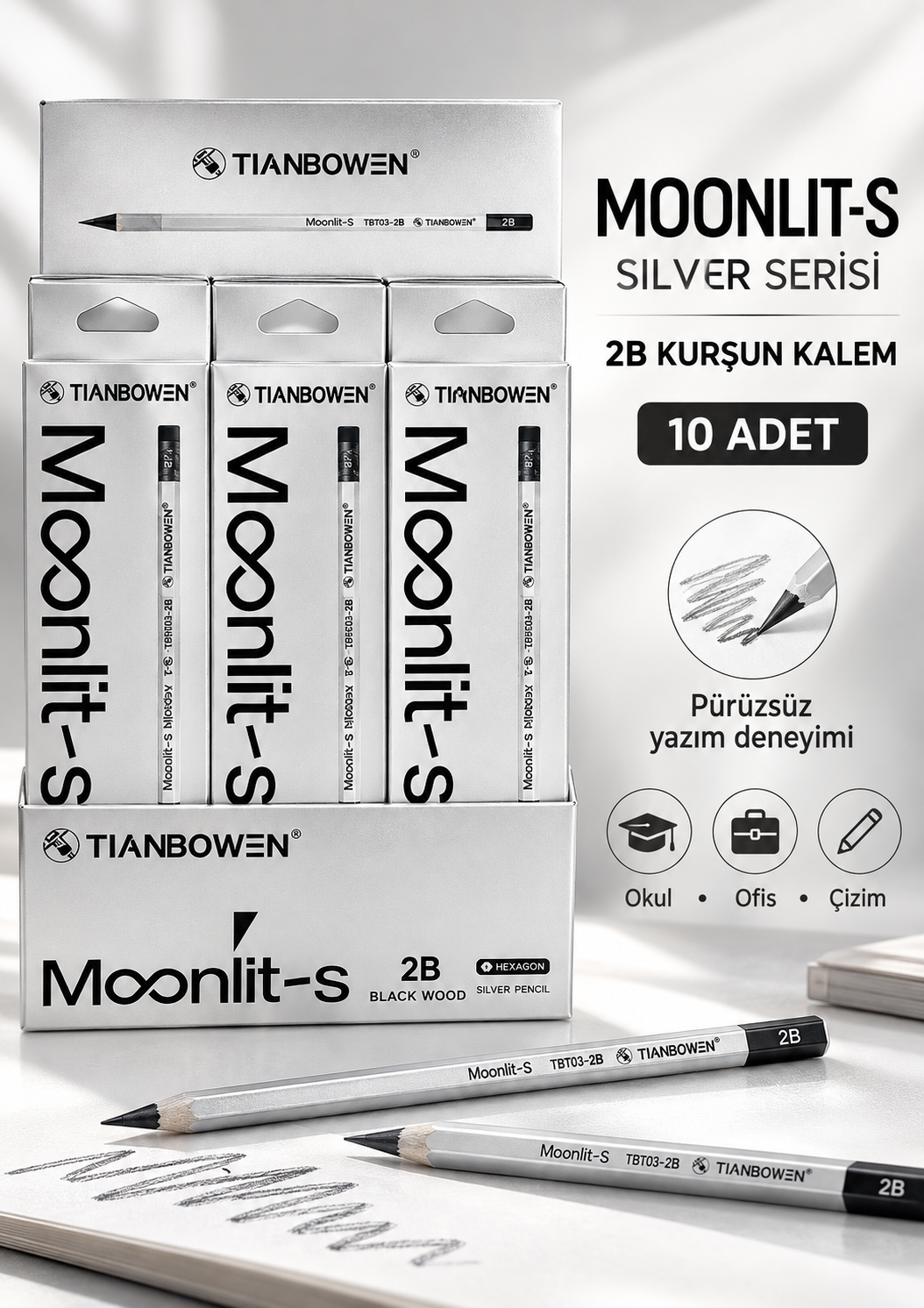 Kurşun Kalem Seti - Metalik Gümüş Renkli Kurşun Kalem - Silver